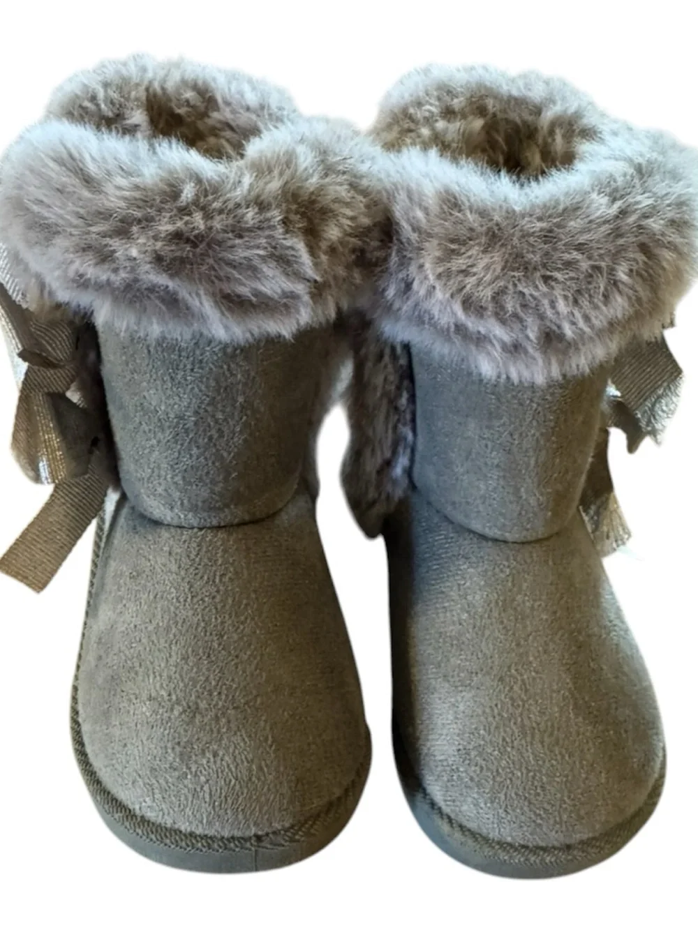 Kids Faux-Fur Trim Suede Booties with Decorative Bows - Gray